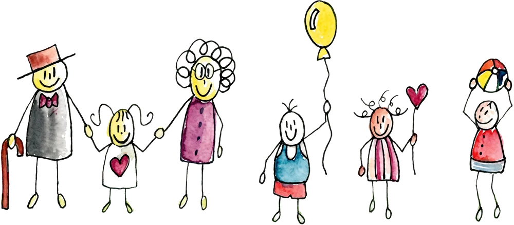 Gezeichnete Familie: Opa, Oma, Kinder mit Luftballon und Ball